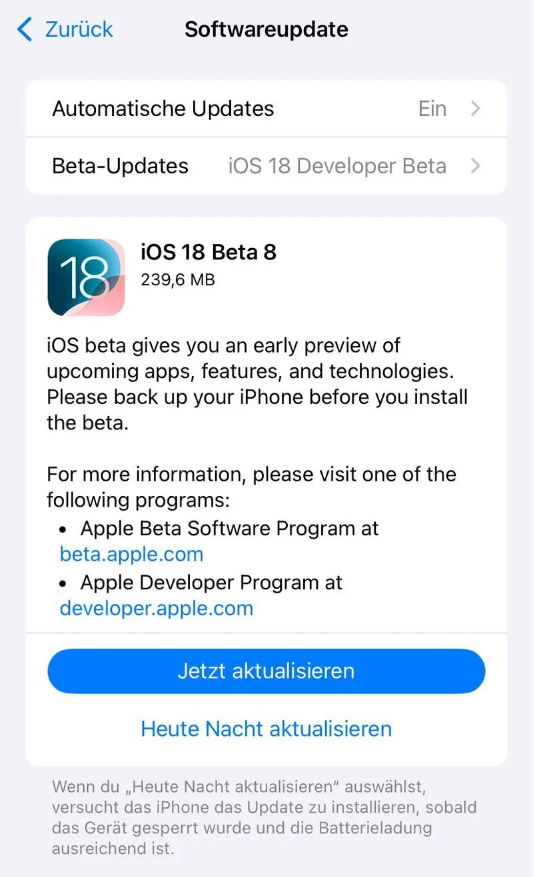 邯山苹果手机维修分享苹果 iOS / iPadOS 18 开发者预览版 Beta 8 发布 